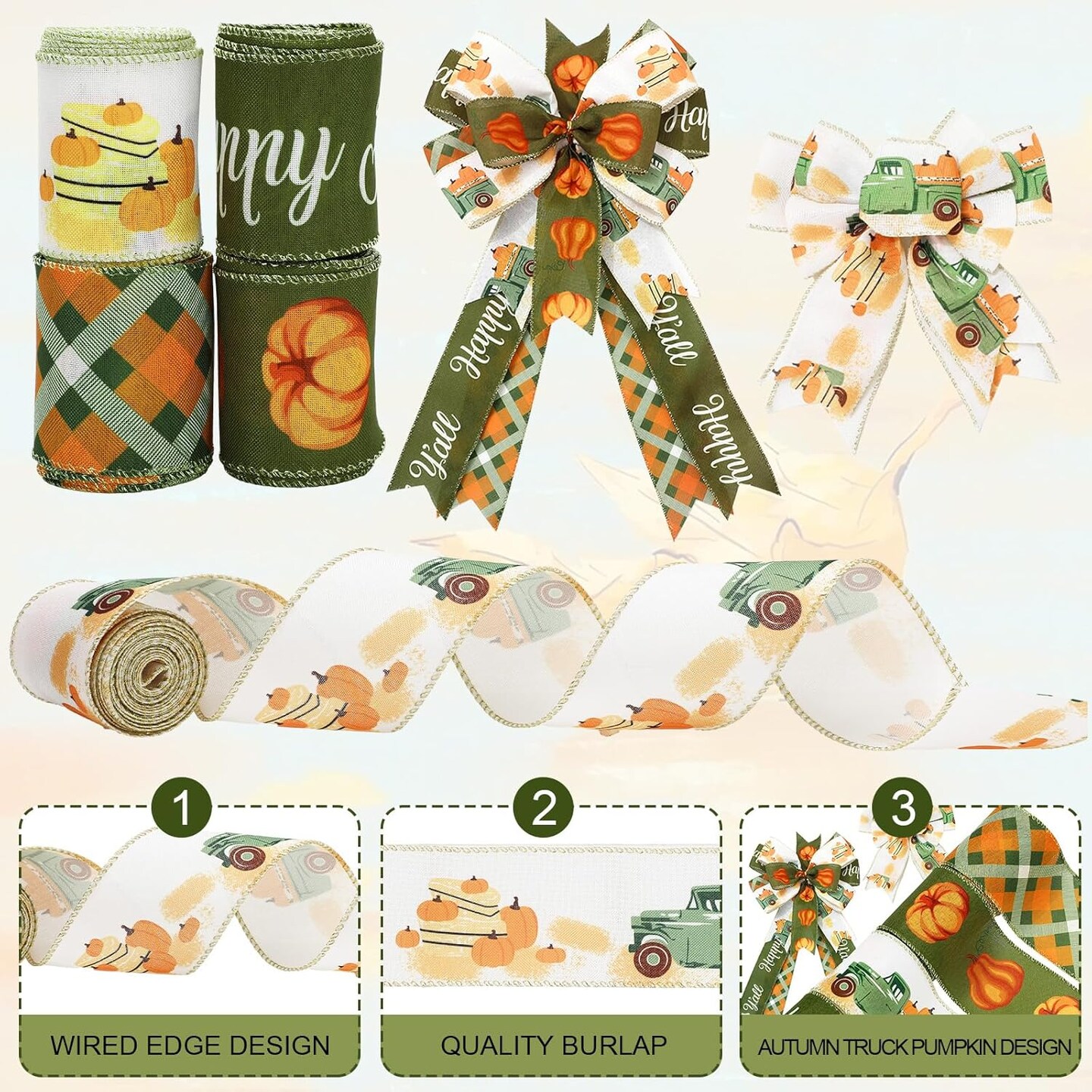 4 Rolls Fall Pumpkin Truck Plaids Ribbon