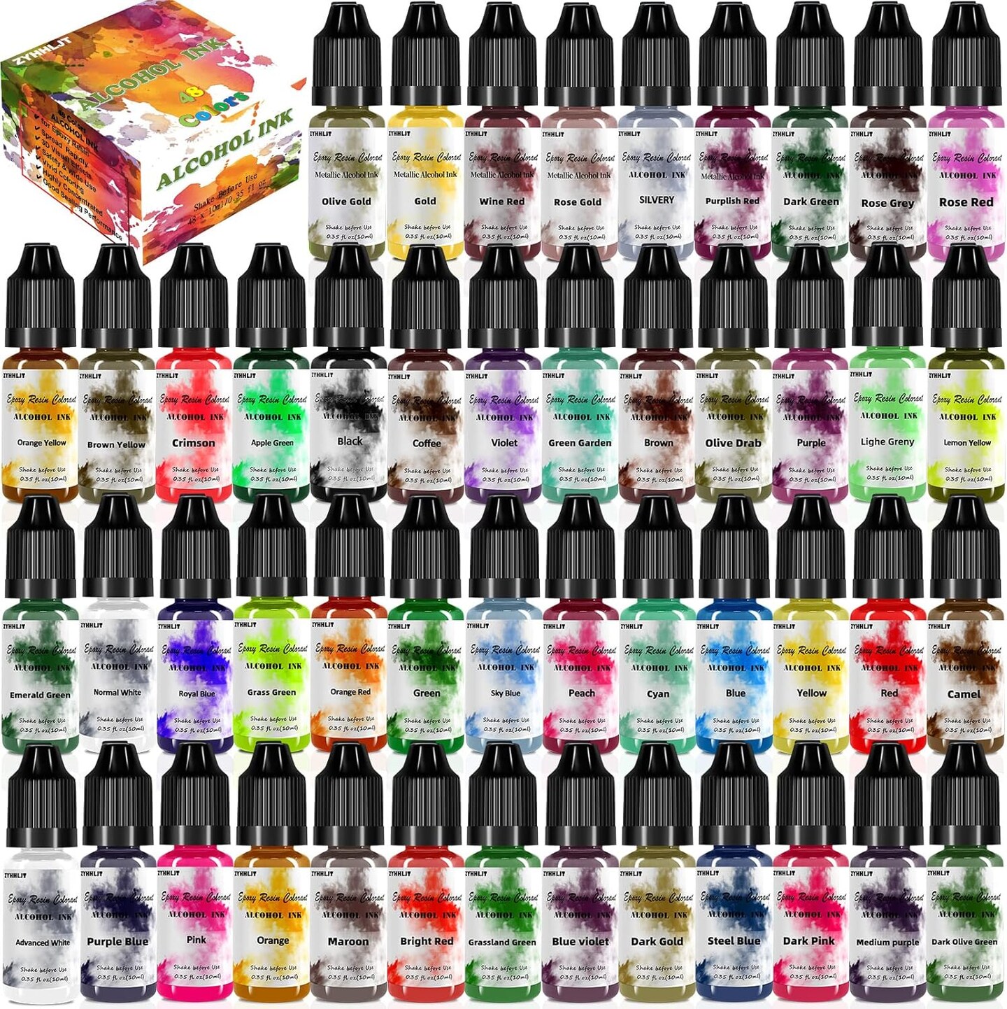 Alcohol Ink Set – 48 Bottles, Vibrant High-Concentration Alcohol-Based Inks, 10ml Each, Perfect for Resin Art, Coasters, Tumblers, Petri Dishes, and Fluid Painting