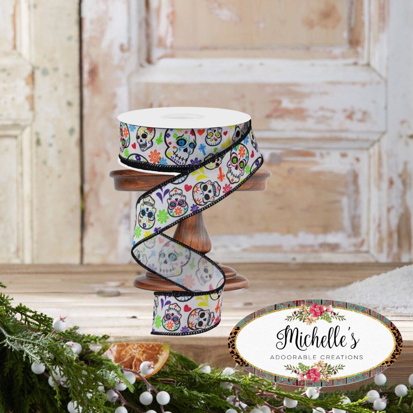 1.5&#x22; Day of the Dead Ribbon: White (10 Yards)