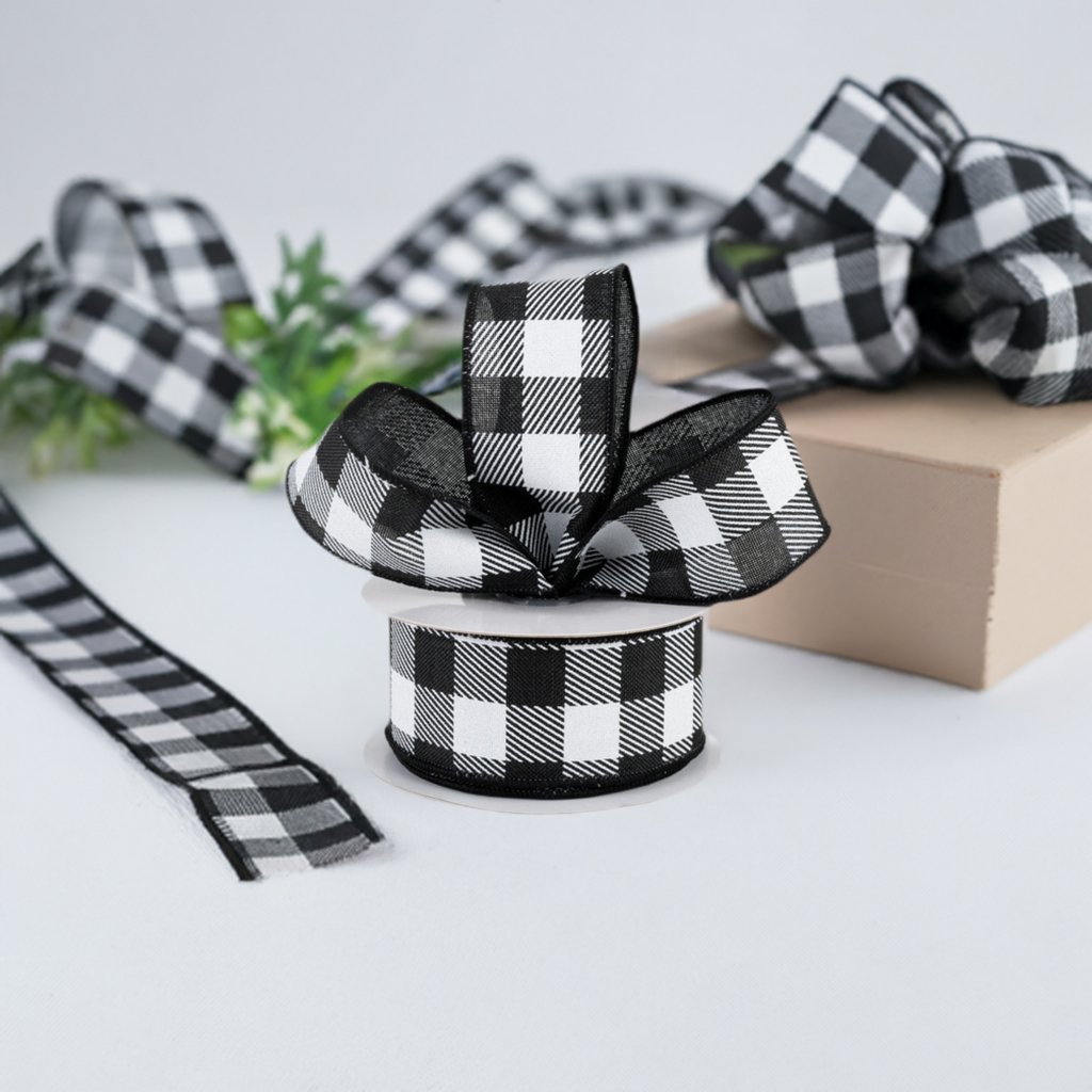 1.5&#x22; Checked Plaid Ribbon: Black &#x26; White (10 Yards)
