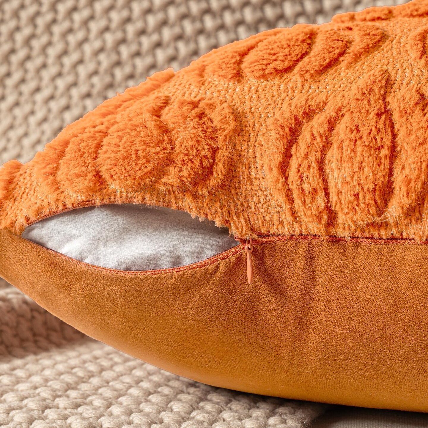 Fall Decorative Pillow Covers 18x18 in – Set of 2 Orange Pumpkin Faux Fur Pillows for Halloween, Thanksgiving, Autumn Harvest, Couch, Sofa, Porch, Bedroom, Living Room