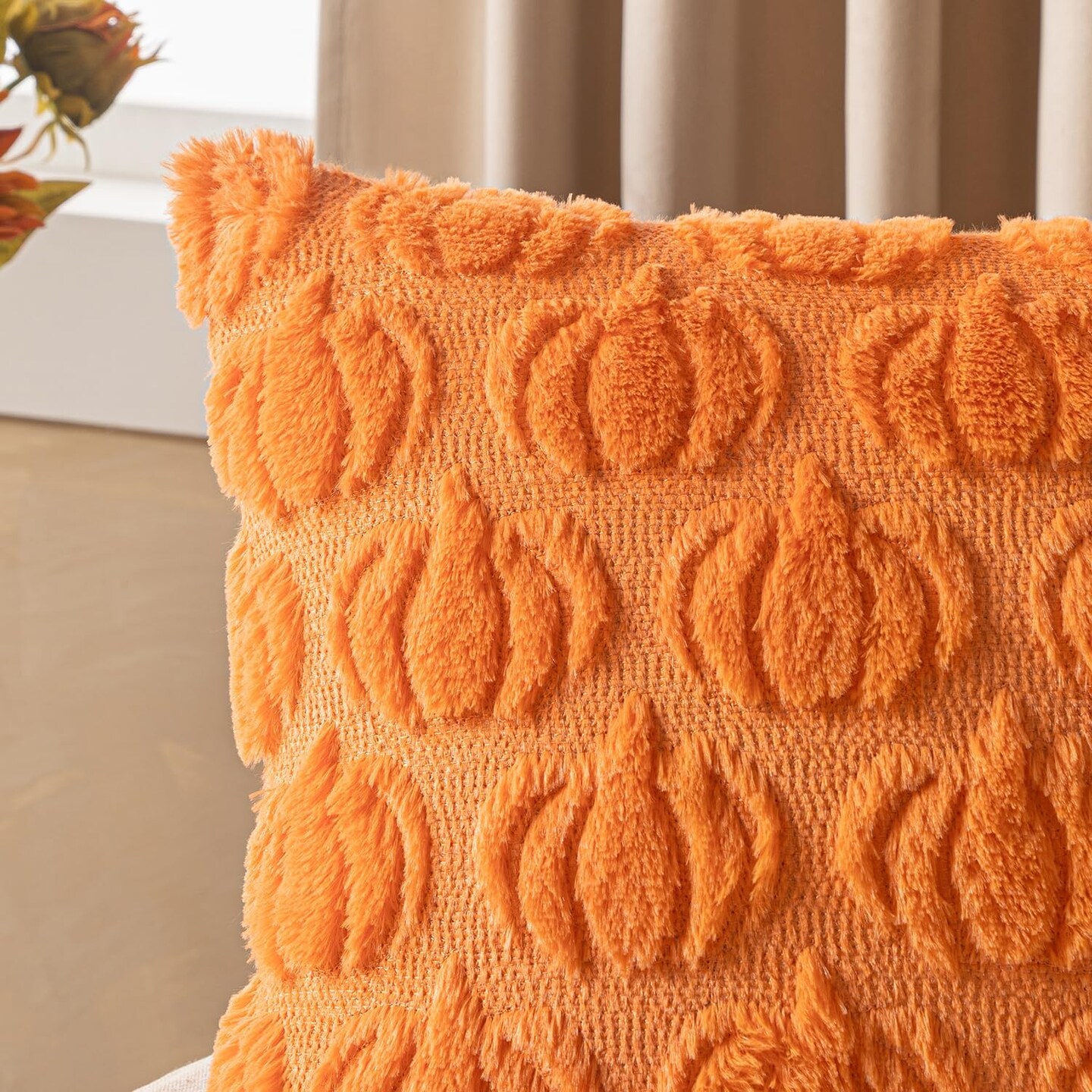 Fall Decorative Pillow Covers 18x18 in – Set of 2 Orange Pumpkin Faux Fur Pillows for Halloween, Thanksgiving, Autumn Harvest, Couch, Sofa, Porch, Bedroom, Living Room