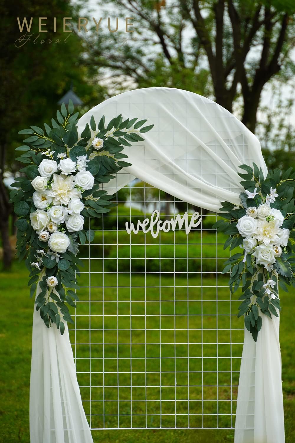 Pack of 3,2Pcs Artificial Flower Arch Decor,1Pcs Sheer Drape for Wedding Ceremony Arbor