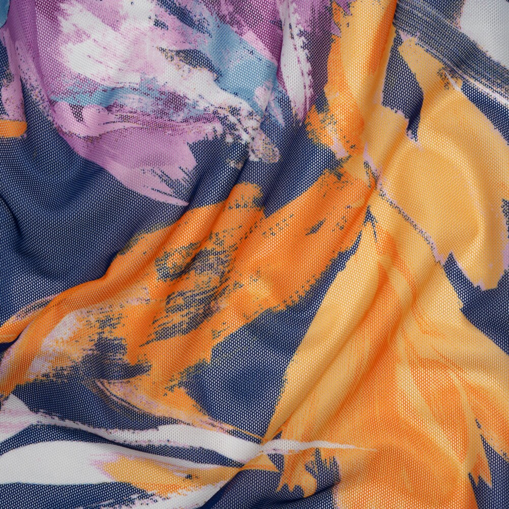1 Yard Navy, Plum and Orange Painterly Floral Stretch Polyester Mesh Designer Deadstock Fabric 56 Inch Width