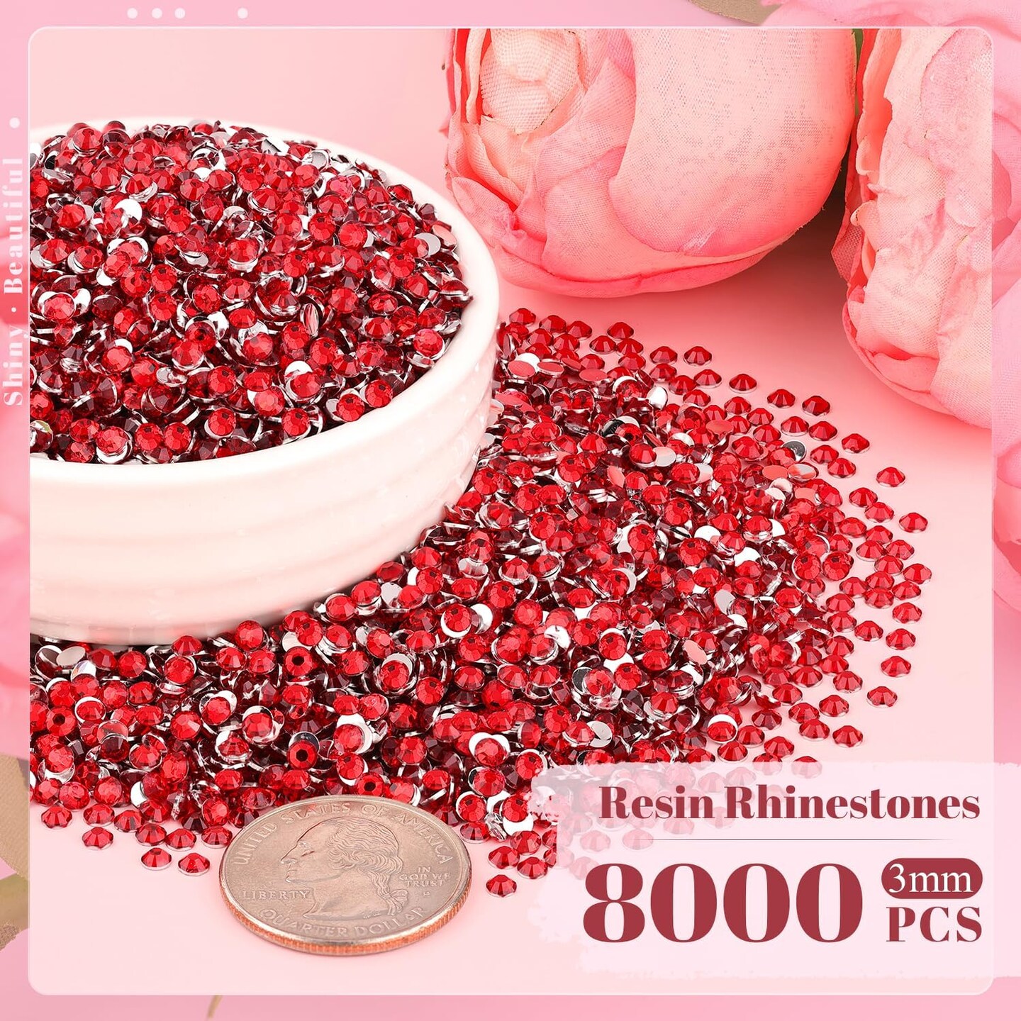 8000PCS 3mm Flatback Resin Rhinestones with Tweezers and Pen (Red)