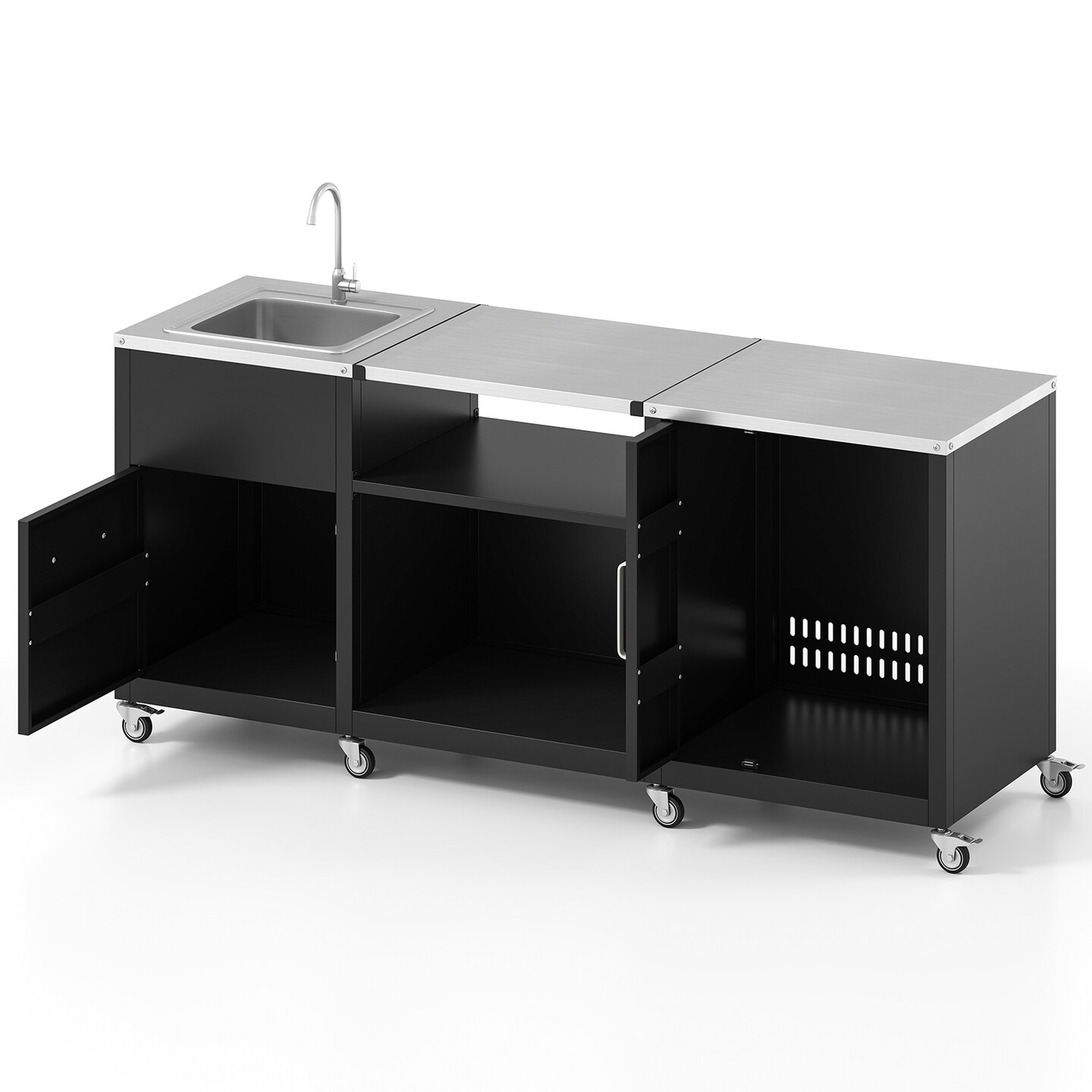 Black Outdoor Grill Table With Stainless Steel Countertop Sink And Storage