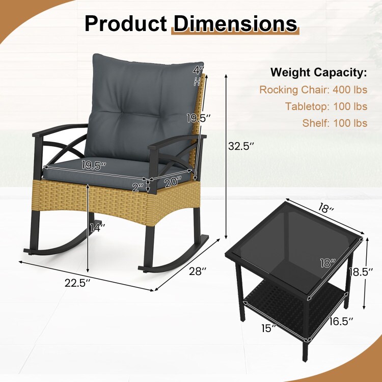 Rattan Rocking Chairs Set of 3 with 2-Tier Side Table for Backyard Patio