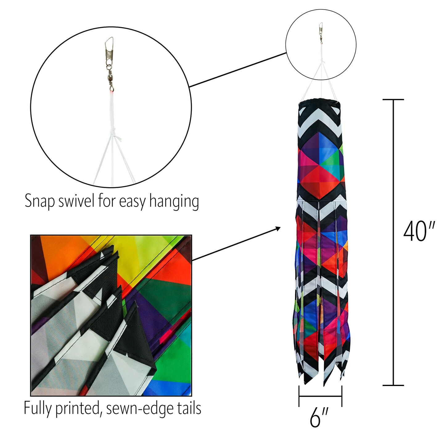In the Breeze 5270 — Geometric Black & White 40-inch Illusion Windsock — Abstract Decor, Embroidered Details, Fully Printed Tails