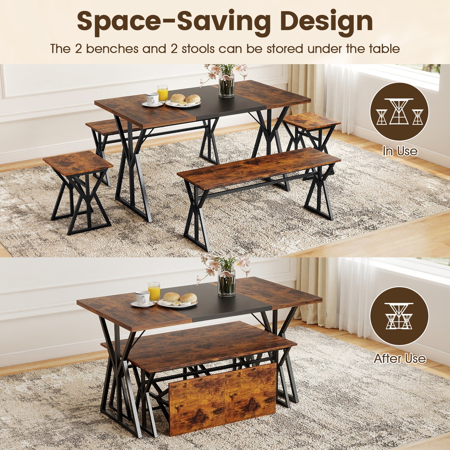 Rustic 5 Piece Dining Table Set Space Saving Benches and Stools Rustic Brown Black