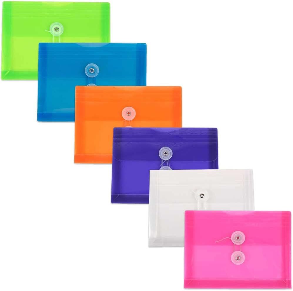 Plastic Envelopes with Button &#x26; String Tie Closure - Index Size - 5 1/2 x 7 1/2 - Assorted Colors - 6/Pack