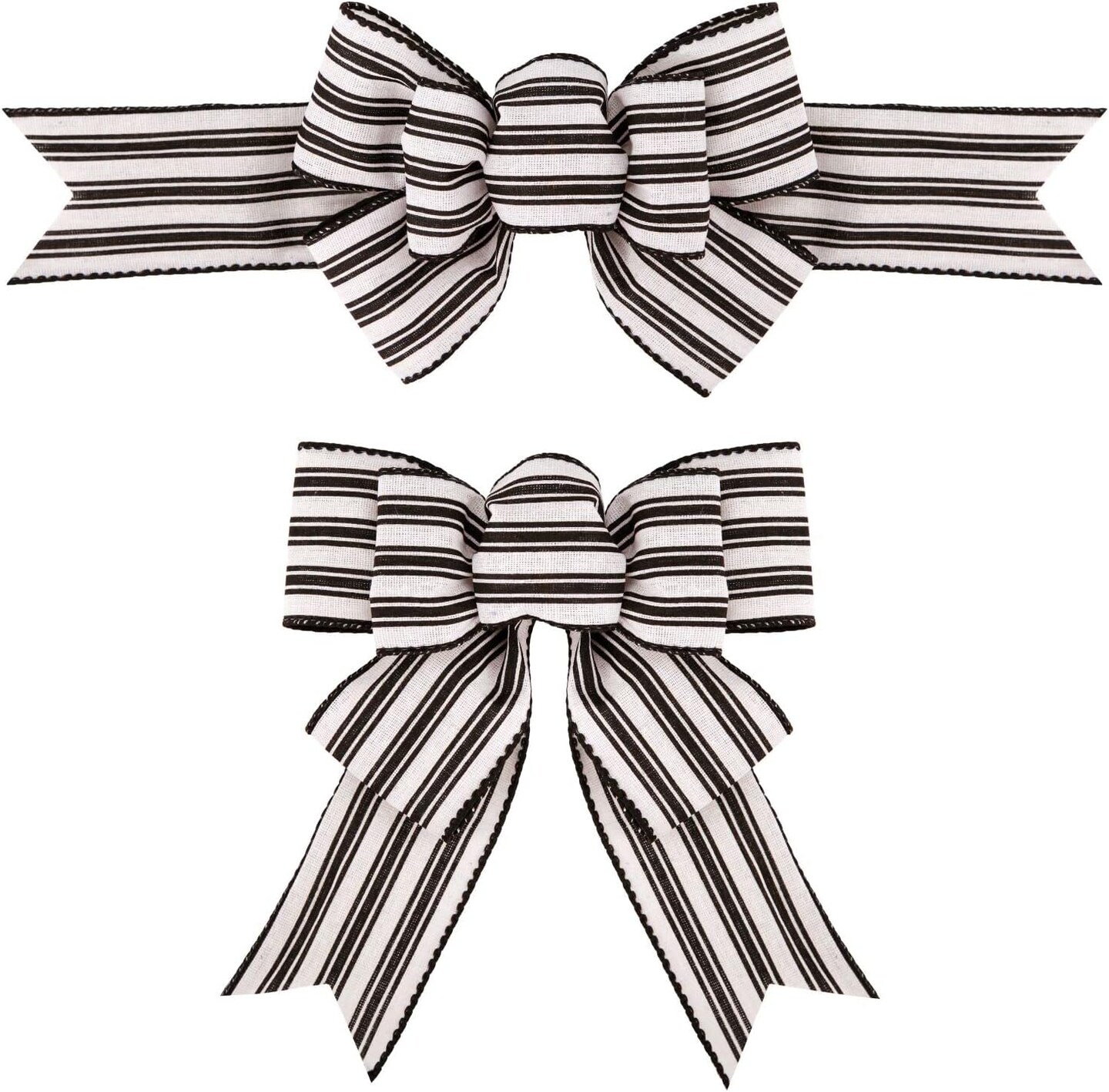 2PCS Farmhouse Striped Burlap Bows – Black & White Wired Ribbon for Wreaths, Tree & Gift Decor