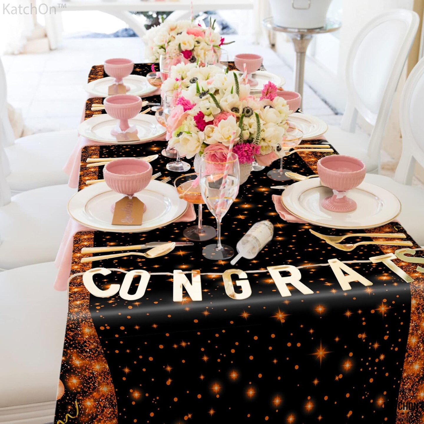 Orange and Black Graduation Tablecloth - XtraLarge 108x54 Inch, Pack of 3 | Congrats Grad Tablecloth for Graduation Decorations 2025 | Orange and Black Graduation Decorations Class of 2025