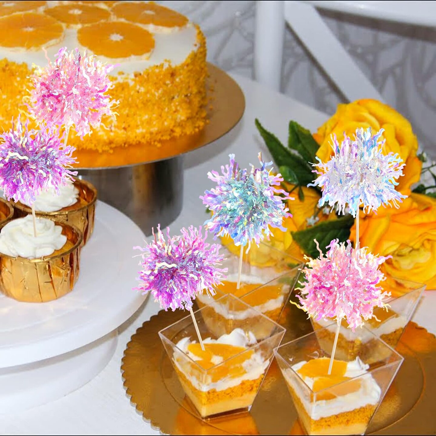 120 Pcs Firework Cupcake Toppers Foil Frill Toothpicks Cake Decorations Sparkle Tinsel Cupcake Toppers Cocktail Picks Firework Par