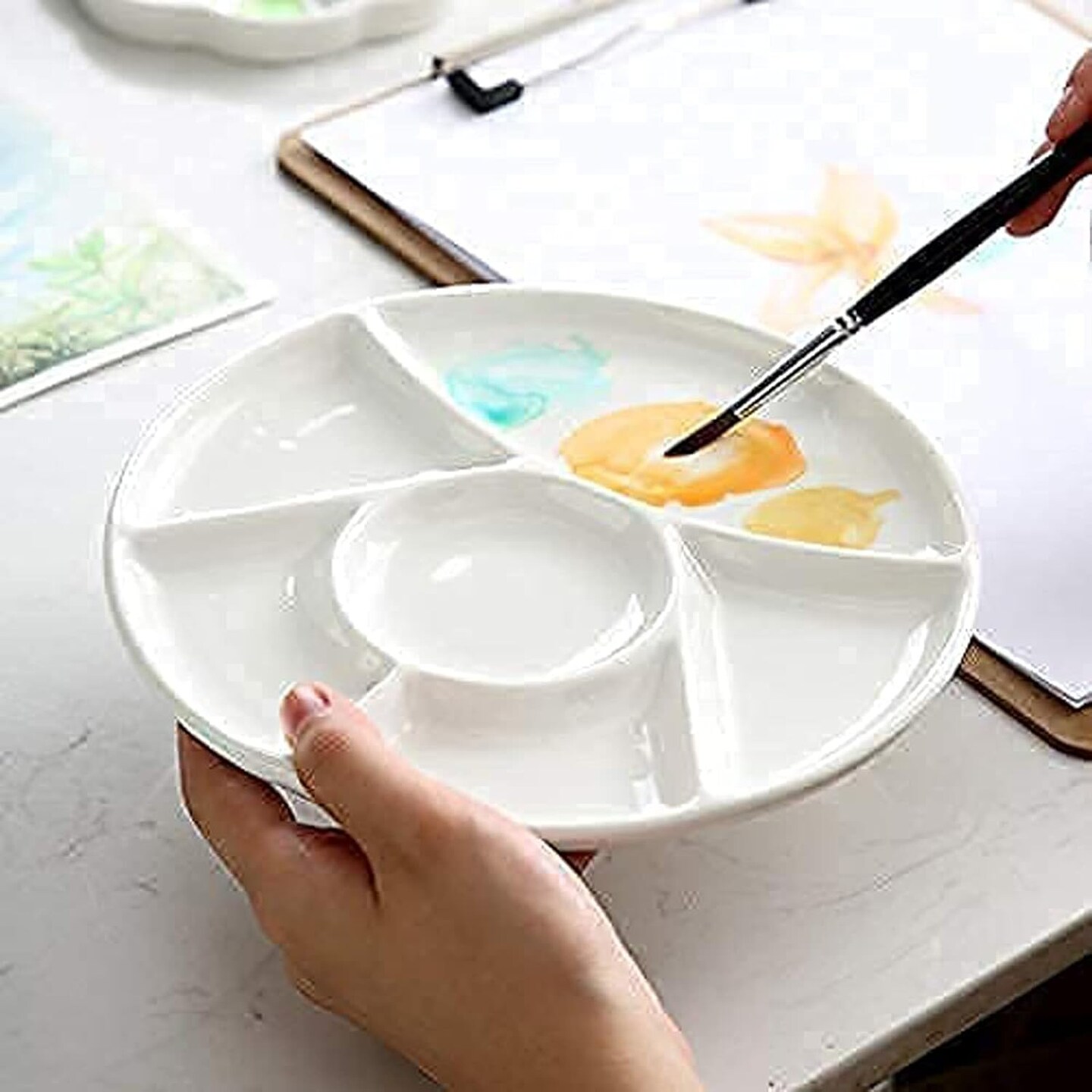 6 Wells Ceramic Artist Paint Tray Porcelain Watercolor Palette Ceramic Mixing Tray for Watercolor Gouache Painting 8 Inch