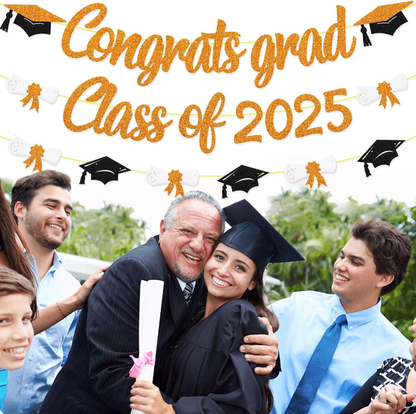 Congrats Grad Class of 2025 Banner Graduation Cap Diploma Theme Party Decoration for for High School College University Senior 2025 Celebrate Party Supplies (Orange)