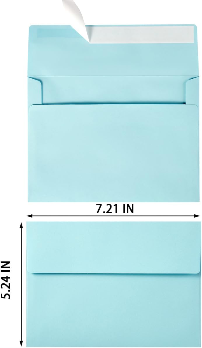 100 Pack Light Blue A7 Envelopes Self-Adhesive 5x7 Envelopes for Invitations, 5x7 Greeting Cards (Light Blue, 5.24 x 7.21 Inches)