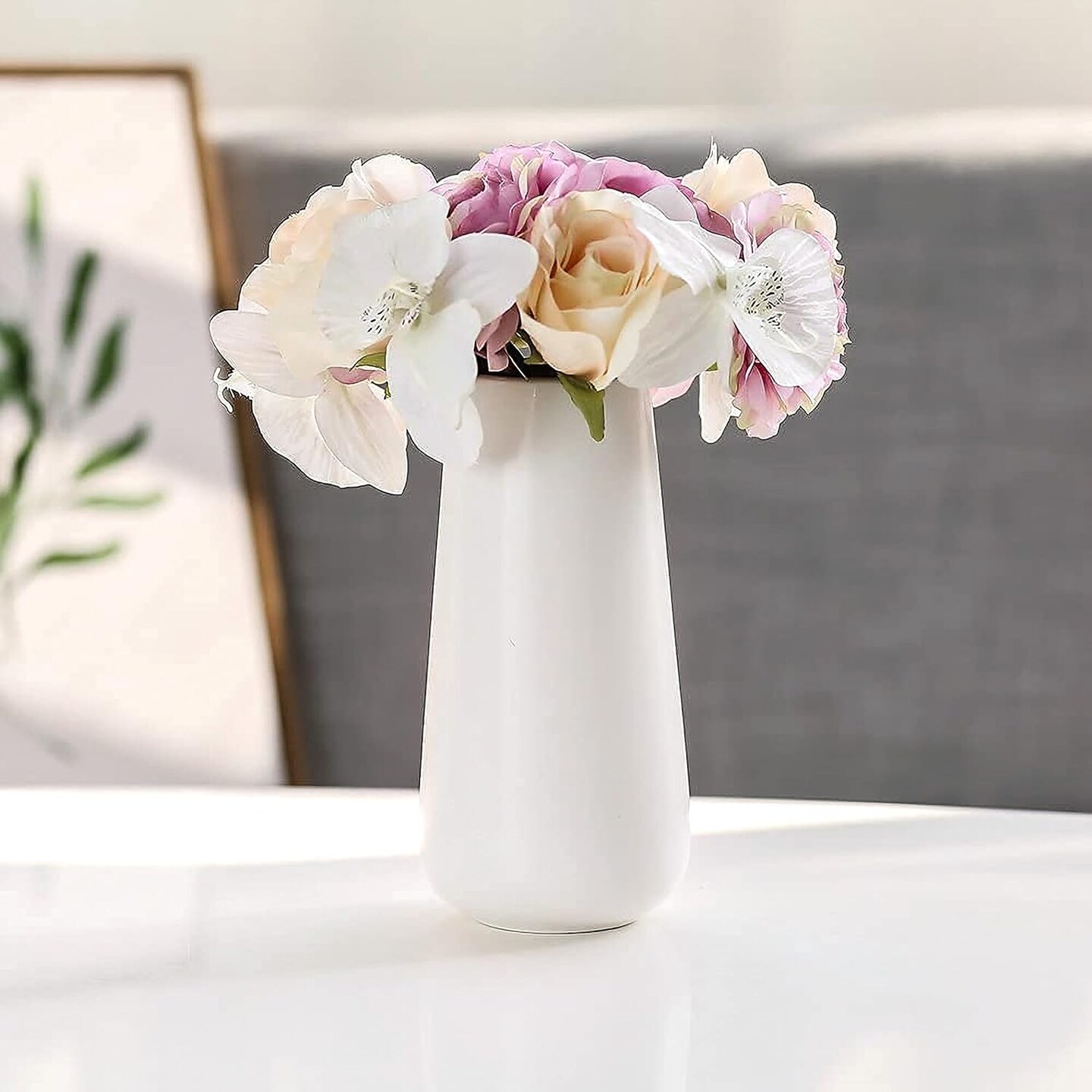 8 Inch Ceramic Flower Vase Matte Finishing, Minimalist Design for Home Décor, Bedroom, Living Room, Centerpieces, Office, White, VS-XH-D-1