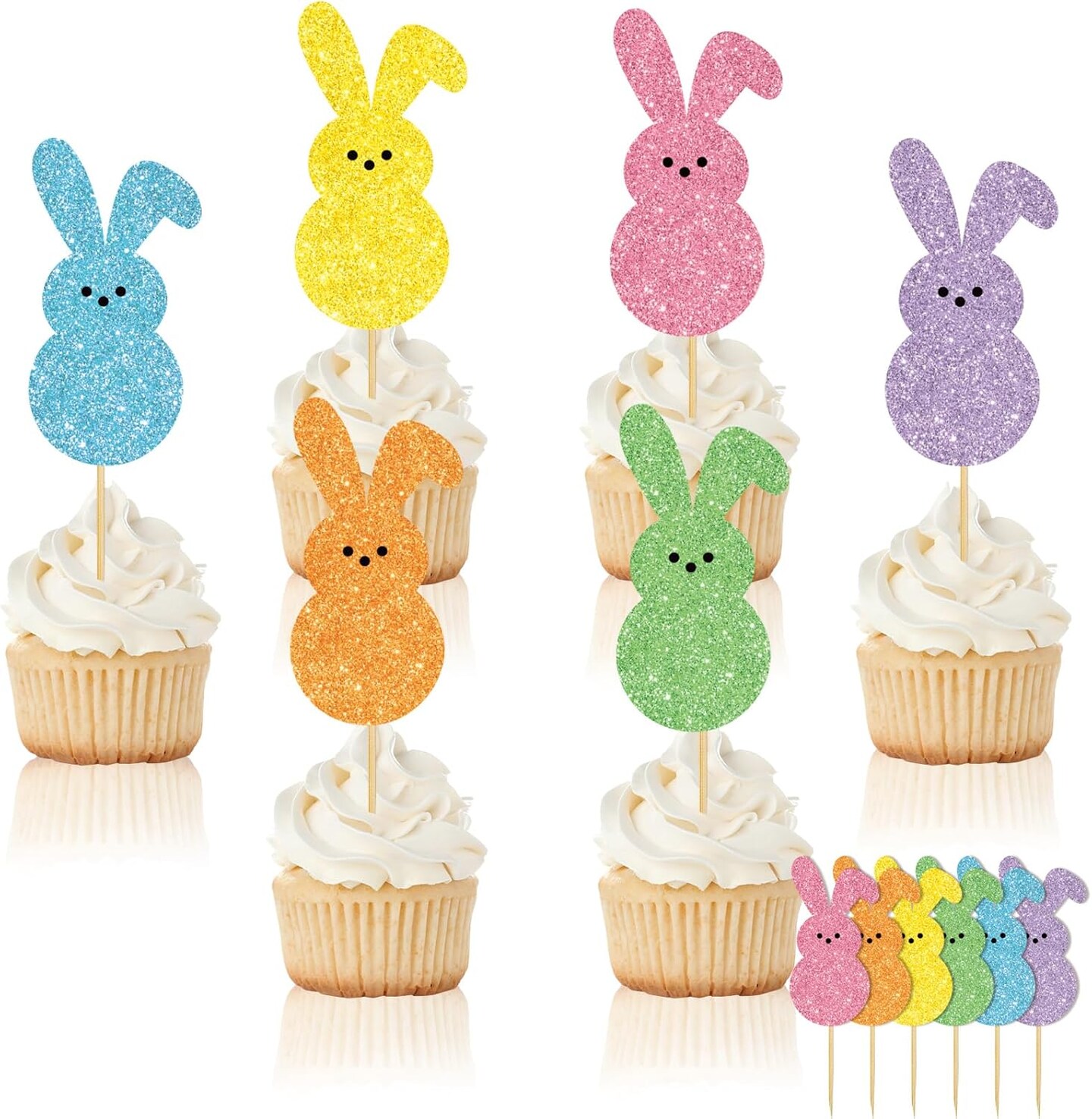 48PCS Easter Bunny Cupcake Toppers – Glitter Colorful Rabbit Picks for Cake & Party Decorations