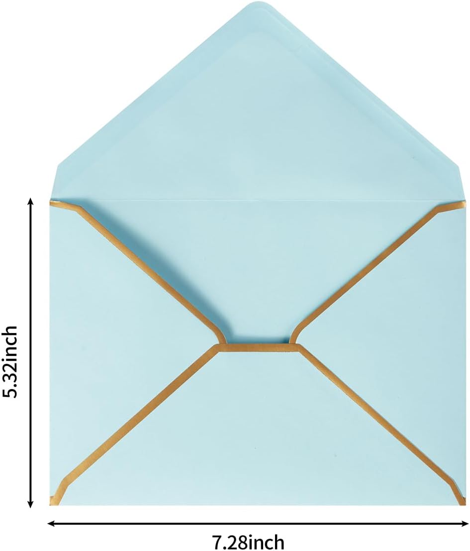 50 Pack A7 Envelopes Light Blue 5 x 7 Self-Adhesive V Flap Envelopes with Gold Border for Office, Greeting Card, Wedding, Graduation, Baby Shower, Parties, Invitations (Light Blue, 5x7)