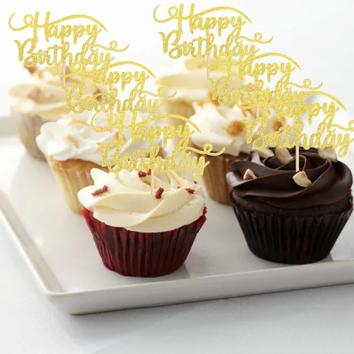 24PCS Happy Birthday Cupcake Toppers – Gold Glitter Picks, 2.6"x4.3" for Party Cakes