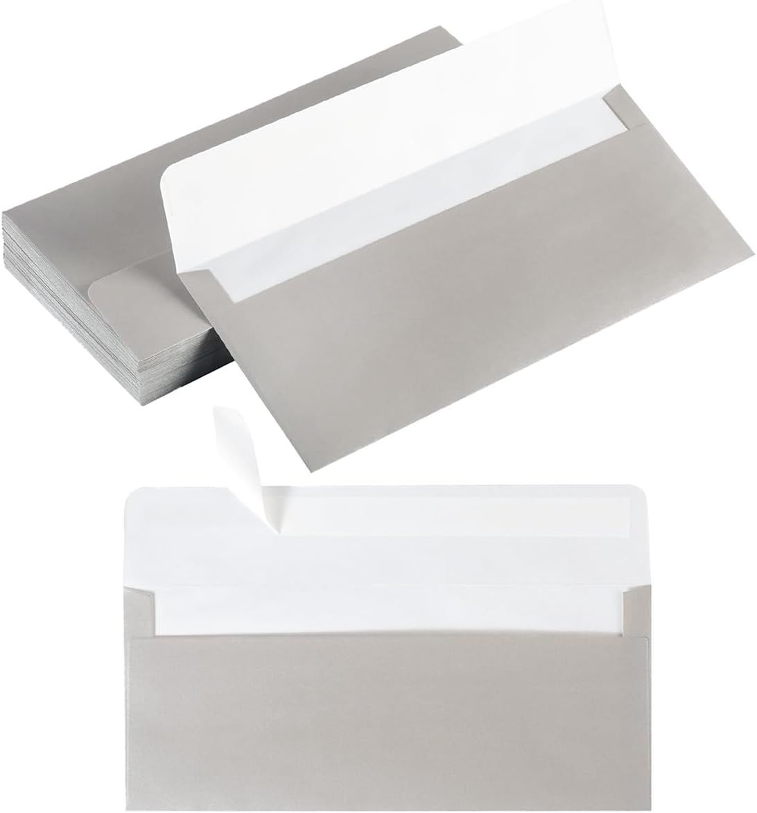 50 Pack Shiny #10 Business Envelopes Self Seal Standard Envelopes with Gold Stickers for Office Checks, Business Cards, Letter Mailing Invoices, 4.13 x 9.49 Inches (Silver)