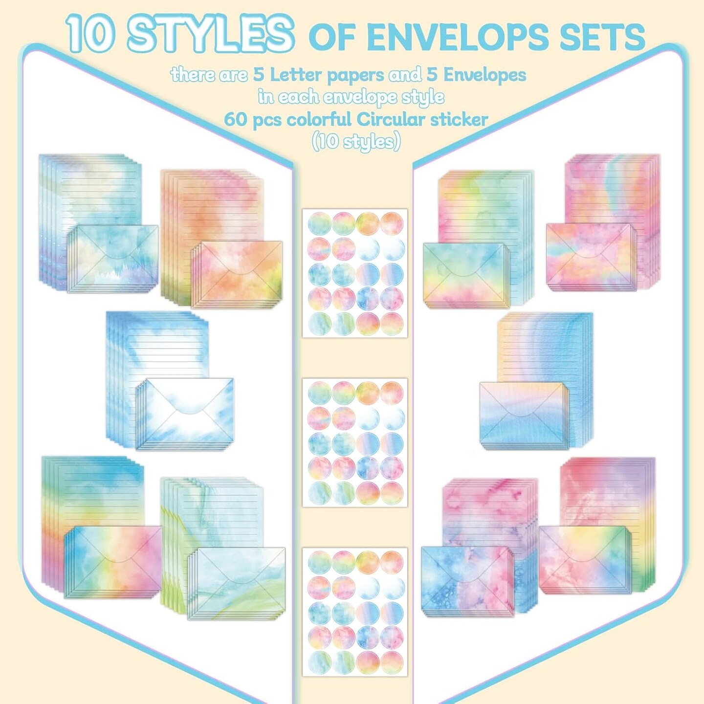 160 Pieces Watercolor Stationary Paper Set for Girl - 50 Lined Stationery Writing Papers 50 Matching Envelopes 60 Round Sticker Seals, 10 Cute Unique Design (Watercolor, 5.5 x 8.25 Inch)