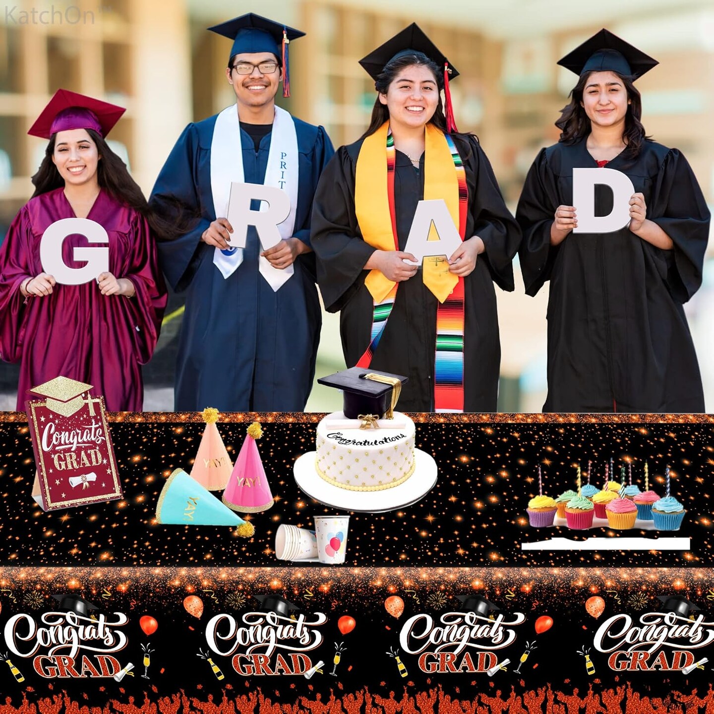 Orange and Black Graduation Tablecloth - XtraLarge 108x54 Inch, Pack of 3 | Congrats Grad Tablecloth for Graduation Decorations 2025 | Orange and Black Graduation Decorations Class of 2025