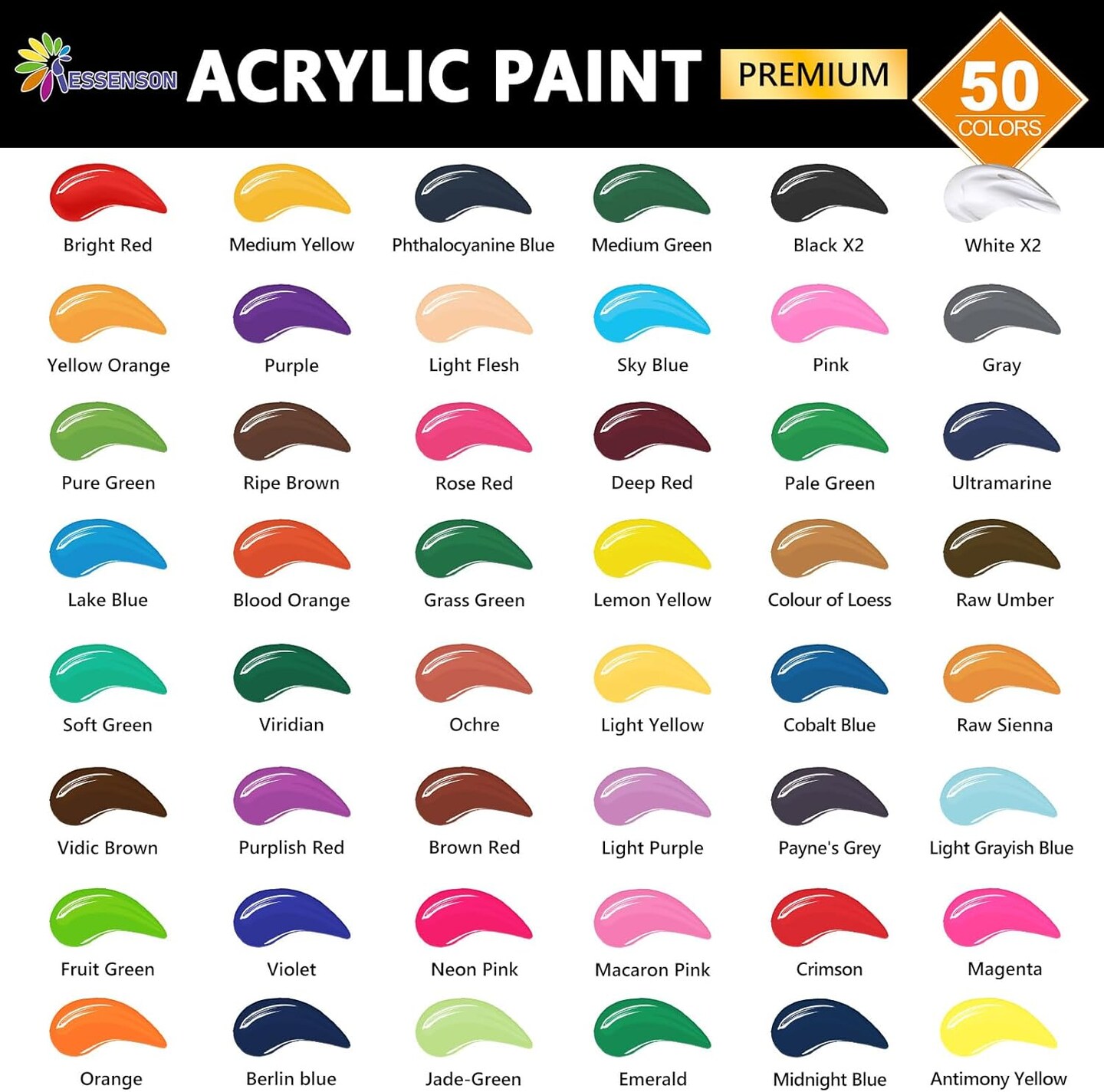 Acrylic Paint Set, 50 Colors Acrylic Paint with Brushes, 2oz Bottles, Rich Pigments Paint for Artists Kids & Adults, Art Supplies for Canvas Rock Ceramic Wood Painting