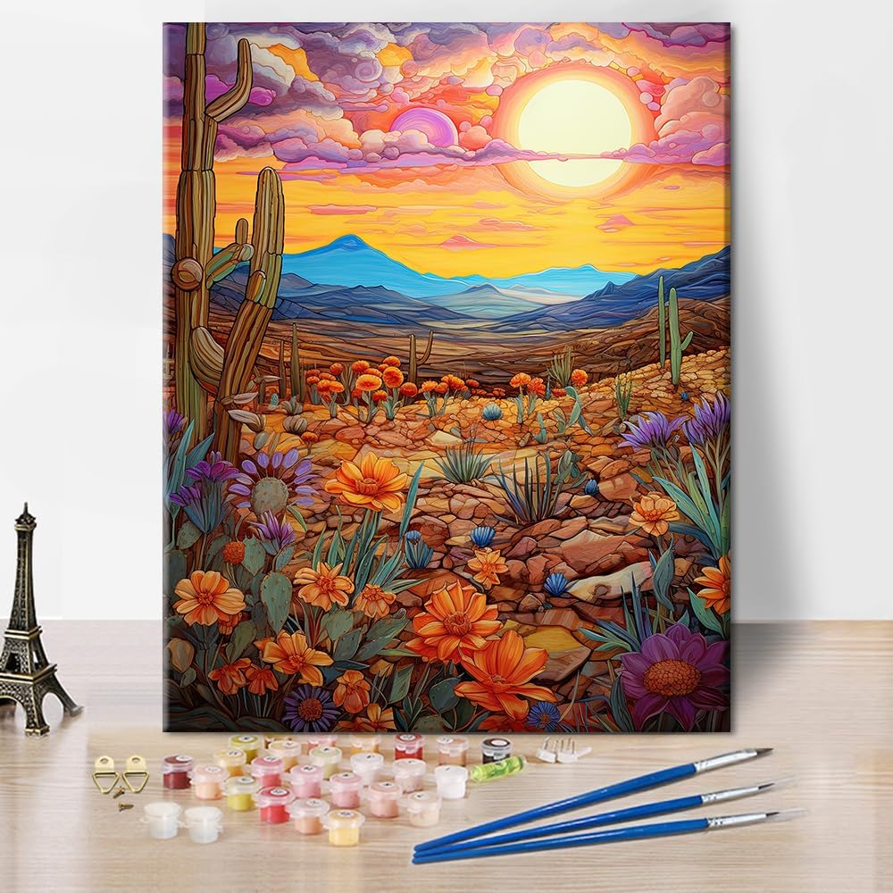 DIY Paint by Numbers for Adults Boho Desert Sunset Paintings Adult Paint by Number Kits on Canvas Desert Blooms Watercolor Painting by Numbers Kit for Adults Vintage Art Crafts