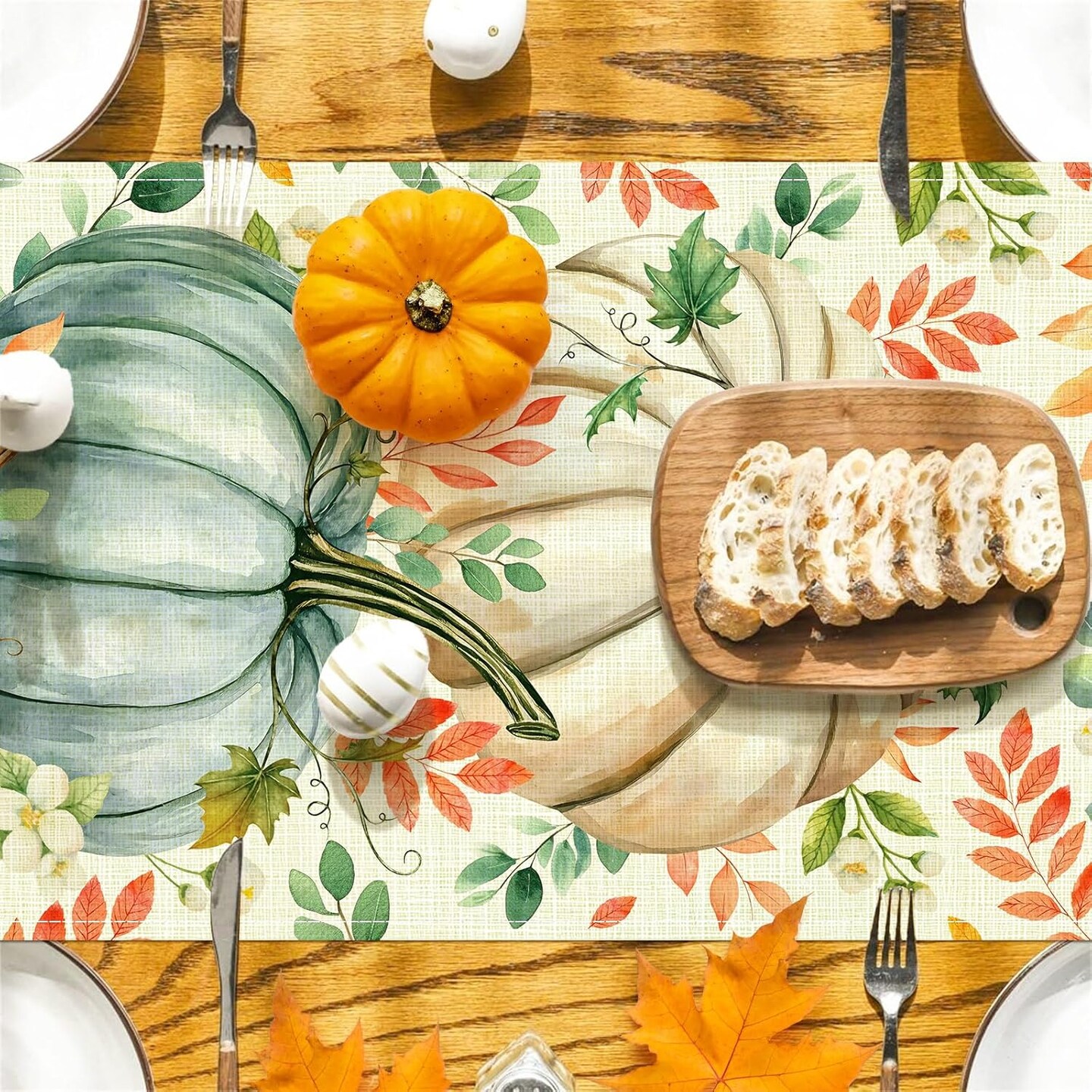 Pumpkin Eucalyptus Leaves Fall Table Runner