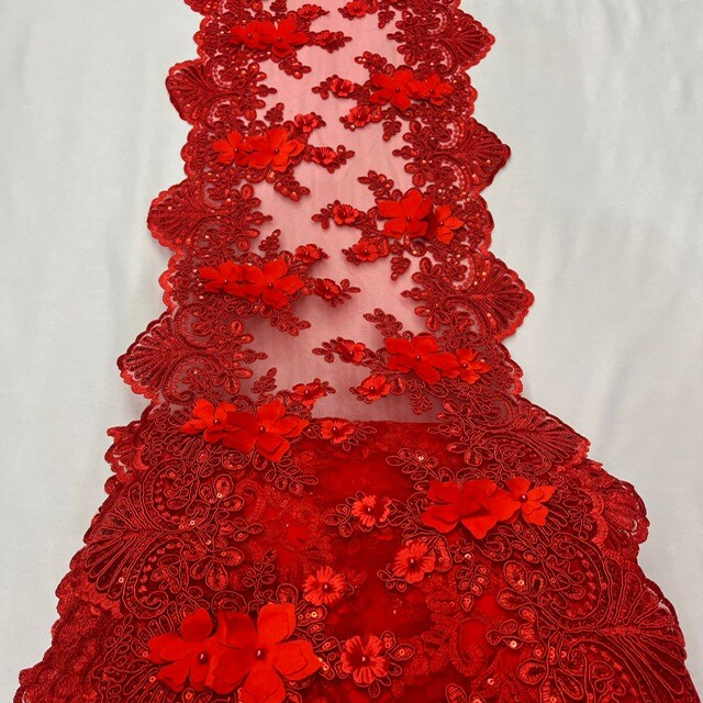 3 Yard Sequin 3D Lace Fabric 33cm Wide Polyester Embroidered Mesh with Pearls & Scalloped Edge