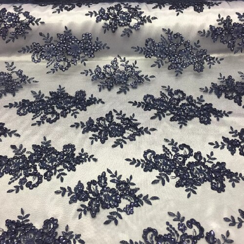 1 Yard Navy Sequin Lace Fabric Embroidered Mesh Ideal for Dresses, Gowns, and Decor