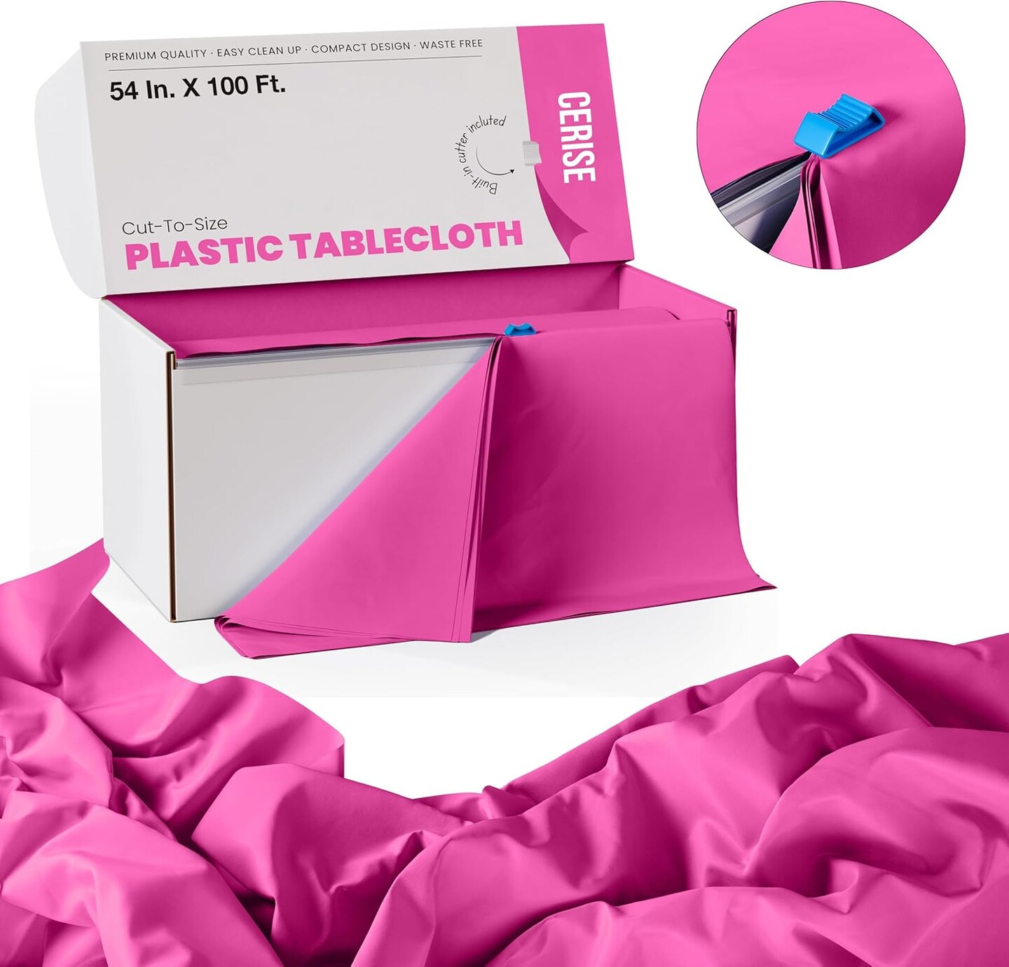 Exquisite Party Solids 54" x 100' Plastic Table Cover Roll with Slide Cutter – Cut-to-Size Dispenser Box – Makes Up to 12 Disposable 8' Rectangle Tablecloths