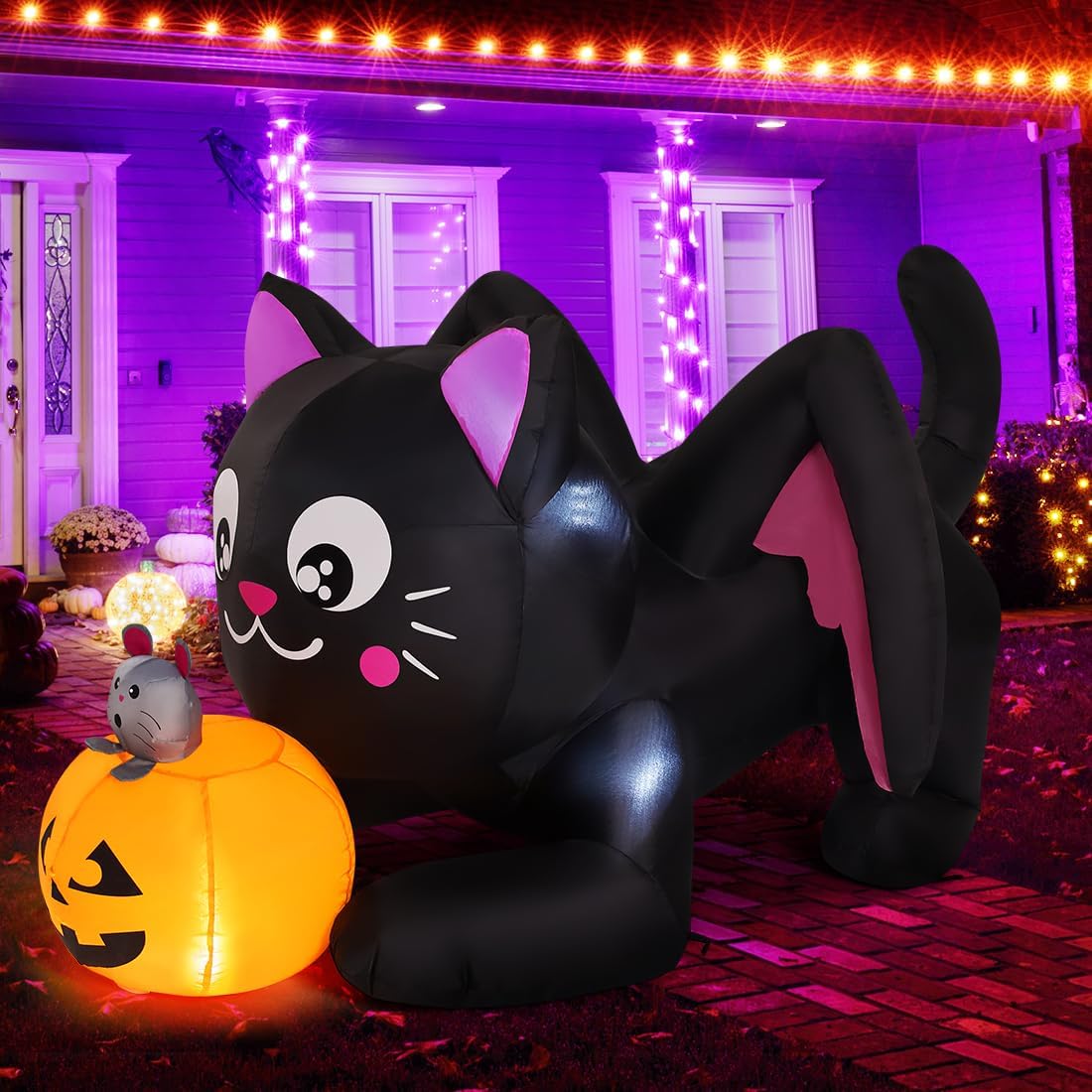 GOOSH 5 FT Halloween Inflatables Cat Blow Up Yard Pumpkin with Built-in LEDs