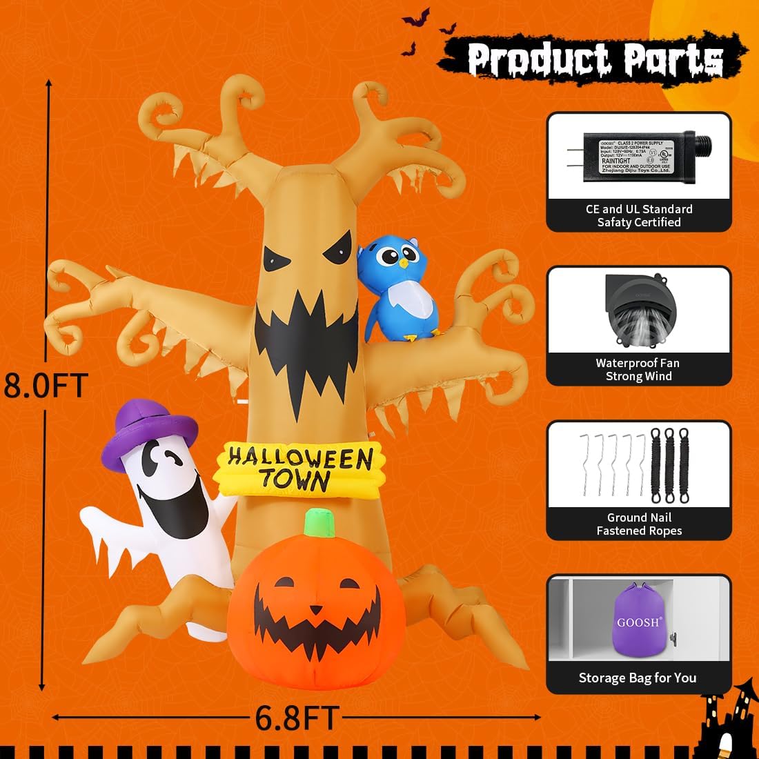 GOOSH 8 FT Halloween Inflatables Dead Tree with Owl Ghosts and Pumpkins with Built-in LED Lights