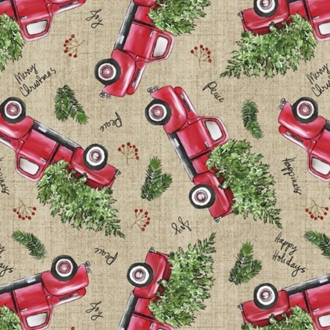Christmas Trucks with Trees Cotton Fabric | By The Yard | Sewing and Crafting | 44 inches wide