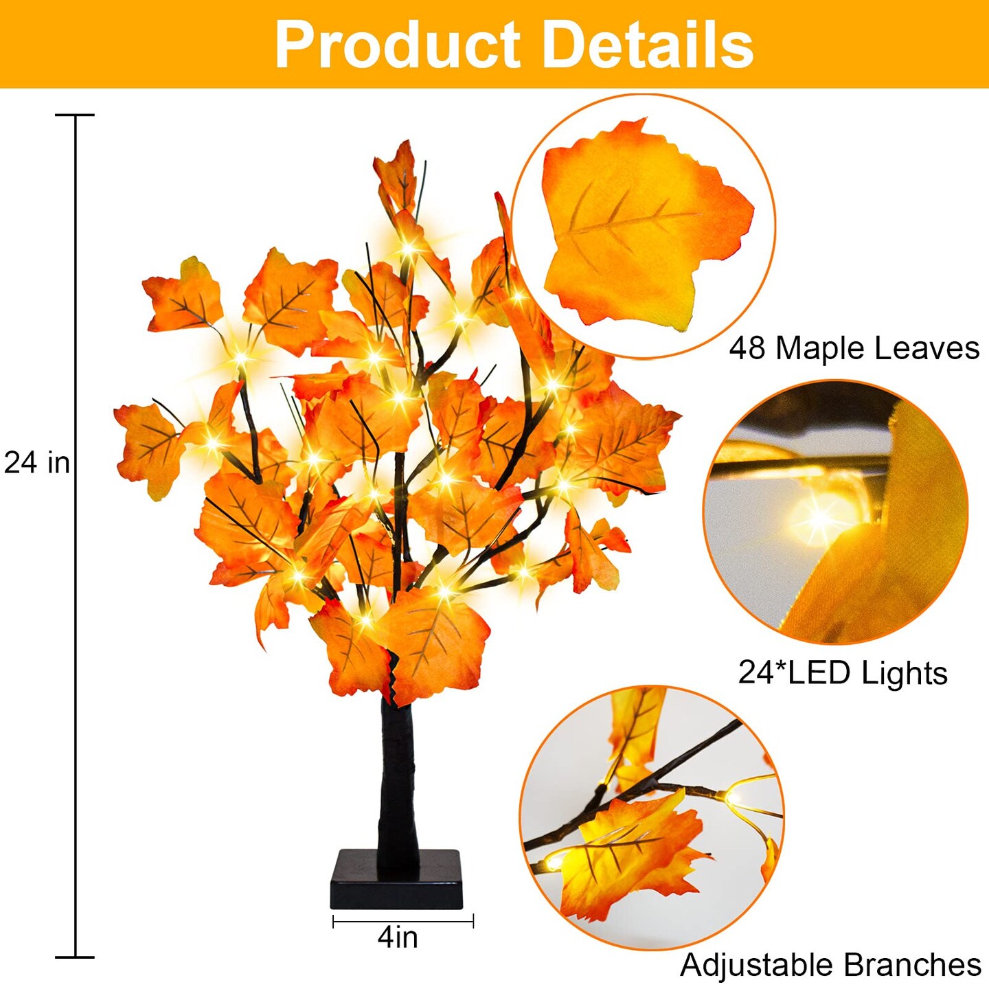 2 Pack 24-inch Fall Lighted Maple Tree, 48 LED Lights, Thanksgiving Decoration Table Tree, Battery Operated DIY Artificial Tree, Centerpieces Decor Tree for Home Desktop Autumn Harvest Tabletop Indoor