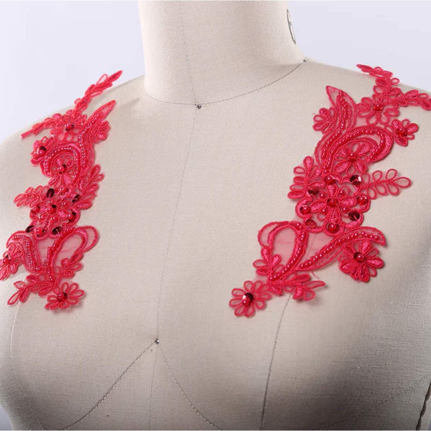Coral Pink Lace Applique Sequin Beaded Alençon Pair for Dance, Gown & Costume Embellishment