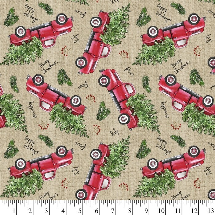Christmas Trucks with Trees Cotton Fabric | By The Yard | Sewing and Crafting | 44 inches wide