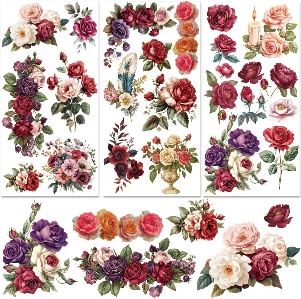 3 Sheets Red Rose Rub on Transfers for Crafts (Multicolor) 9.06 x 13.78 x 0.1 inches