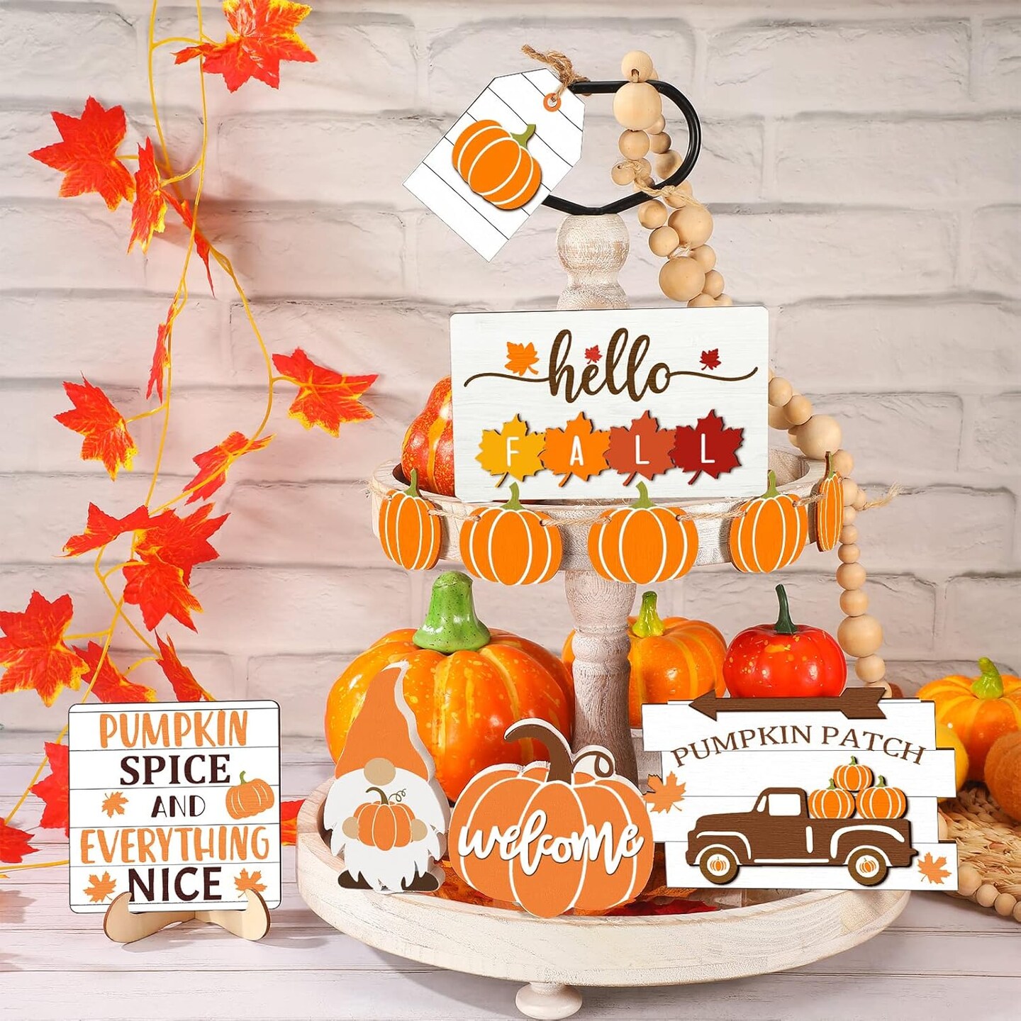 Fall Tiered Tray Decor Set Thanksgiving Pumpkin Maple Leaves