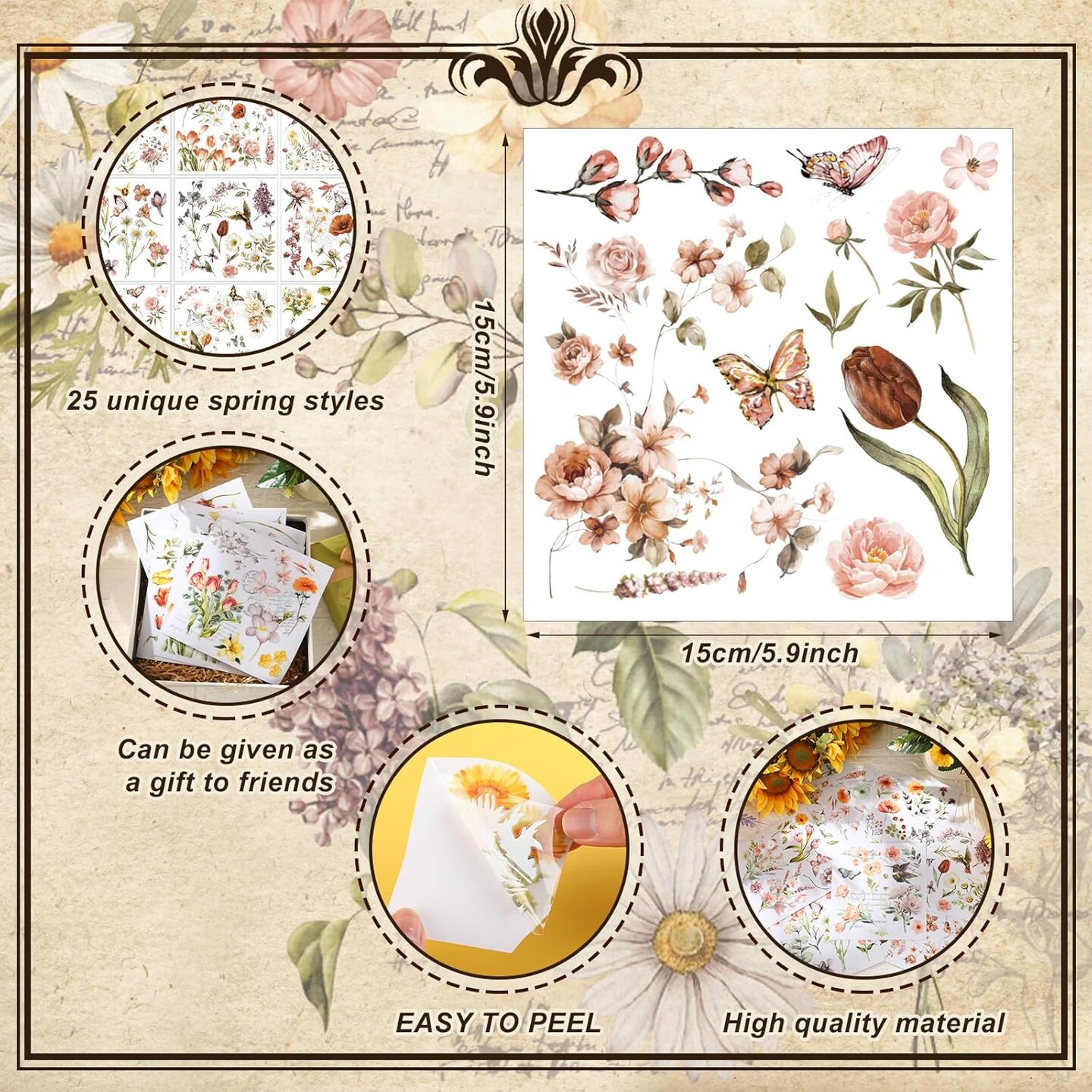 25 Sheets Vintage Flower Rub on Transfer for Crafts 5.9"L x 5.9"W