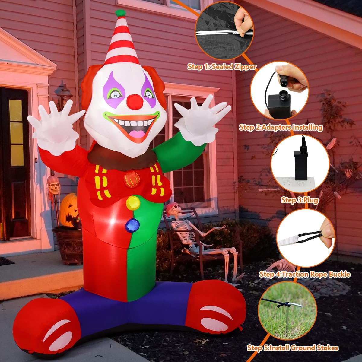 GOOSH 7 FT Halloween Inflatables Laugh Clown Blow Up Yard Decoration with Built-in LEDs