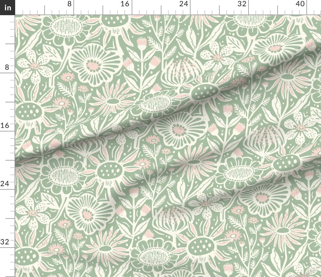 Green Floral Pink Botanical Summer Scandinavian Block Print Farmhouse Cottagecore Wildflowers Custom Printed Fabric by Spoonflower Various Fabrics by the Yard or Fat Quarter