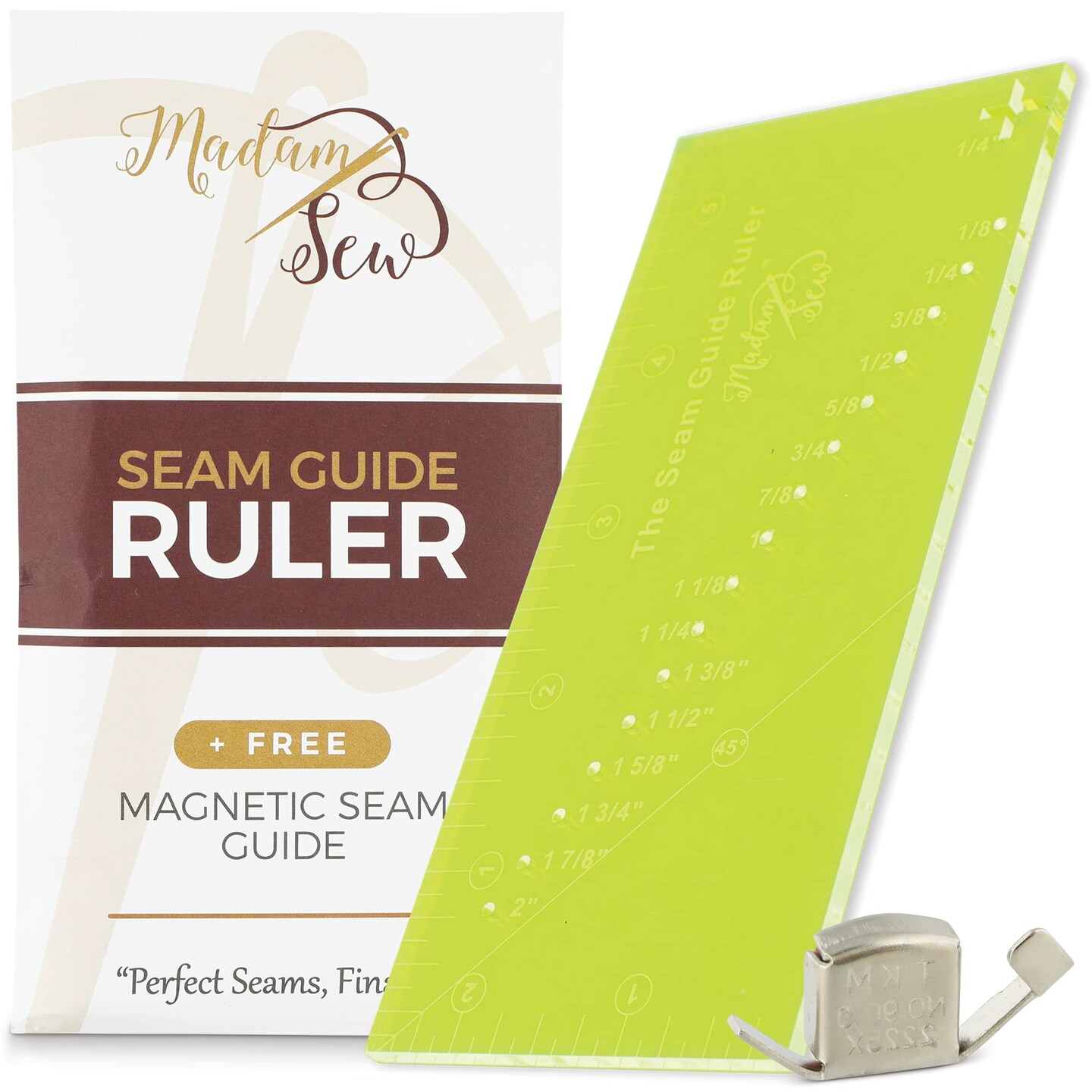 Seam Allowance Ruler and Magnetic Seam Guide for Sewing Machine | Perforated Seam Gauge for Perfect 1/8” to 2” Straight Line Hems | Includes 1/4” Pivot Point and 45 Degree Trim Line