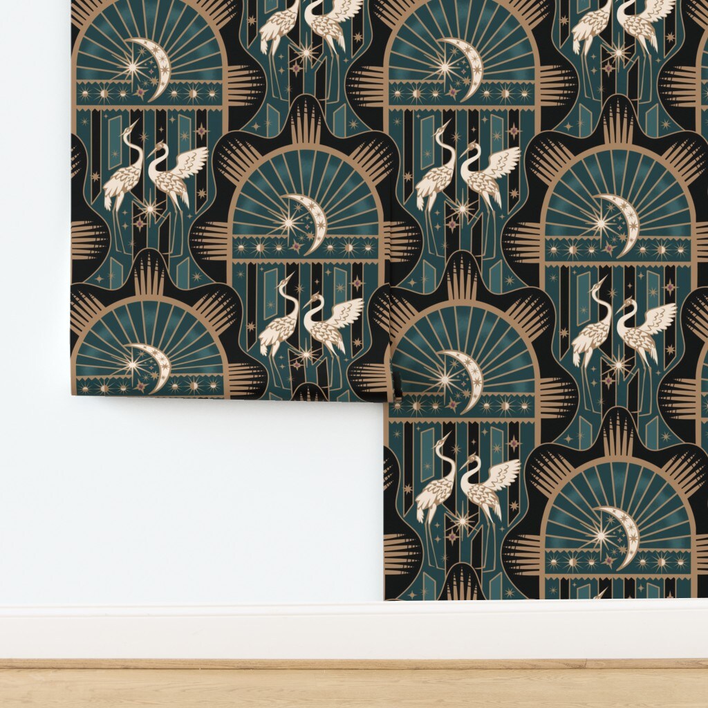 Celestial Cranes Teal Black Beige Art Deco Birds Jewel Toned Custom Removable Wallpaper by Spoonflower Peel & Stick Wallpaper 2FT Wide