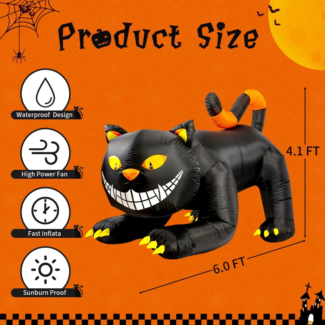 GOOSH 6 FT Halloween Inflatables Outdoor Black Cat with Shakable Head with LED Lights