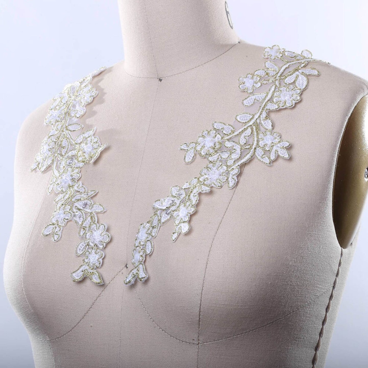 2 Pieces Gold and White Beaded Applique Pair Alencon Lace Sequined Pearl Detail