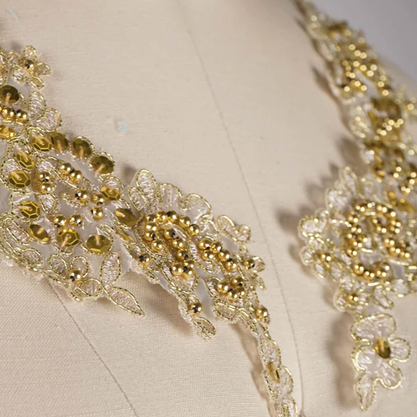 2 Pieces Gold Beaded Applique with Antique Embroidery for Dresses or Dance Costumes