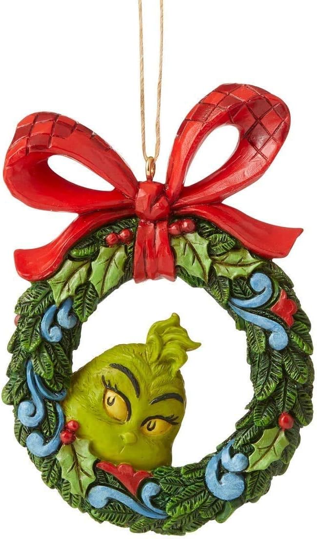 The Grinch Face Peeking Through a Wreath Hanging Ornament, 3.54&#x22; H